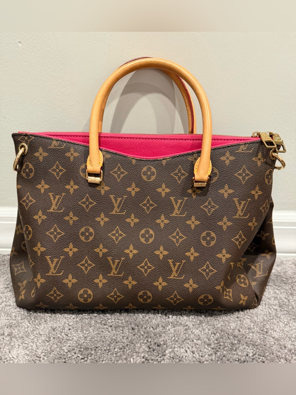 Brown Monogram Tote with Pink Interior